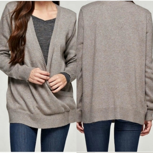 Lovestitch Faux Wrap Sweater Taupe Brown Cozy Warm Boho Preppy Neutral Winter S - Picture 1 of 7